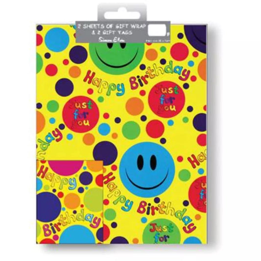 Gift Wrap 2 Pack + 2 Tags (50cm x 70cm) - Smiley Face