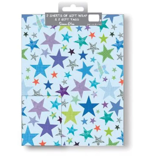 Gift Wrap 2 Pack + 2 Tags (50cm x 70cm) - Blue Stars