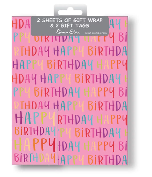 Gift Wrap 2 Pack + 2 Tags (50cm x 70cm) - Happy Birthday Girl