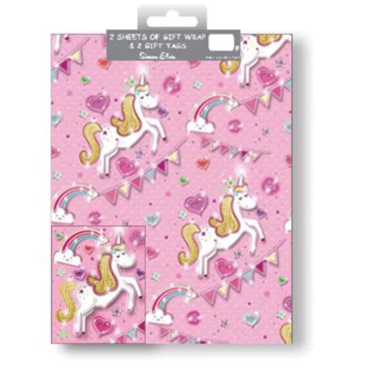 Gift Wrap 2 Pack + 2 Tags (50cm x 70cm) - Pink Unicorns
